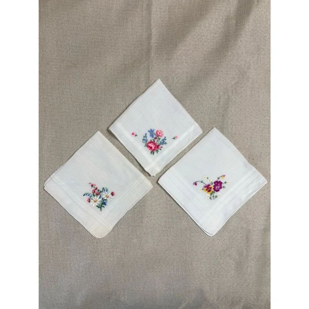 Vintage Hand Embroidered Fine Cotton Floral Handkerchief Trio Ladies